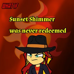 Size: 768x768 | Tagged: safe, imported from derpibooru, sunset shimmer, equestria girls, alternate universe, clothes, evil sunset shimmer, fanfic, fedora, hat, trenchcoat, what if