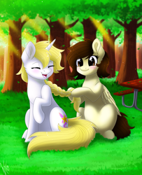 Size: 1024x1258 | Tagged: safe, artist:whitehershey, imported from derpibooru, oc, oc only, oc:white hershey, pegasus, pony, unicorn, braiding, crepuscular rays, cute, duo, eyes closed, female, smiling, tree