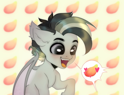 Size: 1280x981 | Tagged: safe, artist:azaani, imported from derpibooru, oc, oc only, bat pony, pony, bat pony oc, bat wings, chibi, fangs, food, male, mango, simple background, solo, speech bubble, wings