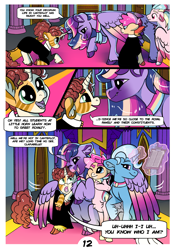 Size: 2100x3000 | Tagged: safe, artist:loryska, imported from derpibooru, trixie, twilight sparkle, oc, oc:clarabelle, oc:conundrum solar flare, oc:plumeria, alicorn, earth pony, hybrid, pegasus, pony, unicorn, zony, comic:friendship grows, adopted offspring, coat markings, colored hooves, colored wings, colored wingtips, female, hug, leonine tail, lesbian, magic, offspring, parent:quibble pants, parent:rainbow dash, parent:sweetie belle, parents:quibbledash, shipping, simple background, transparent background, twilight sparkle (alicorn), twixie, winghug, wings