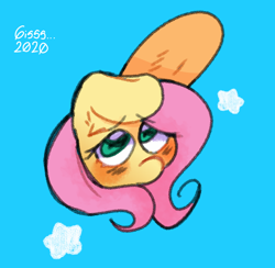 Size: 1024x999 | Tagged: safe, artist:blackdog-stuff, artist:gissel00001, artist:opossum-stuff, imported from derpibooru, fluttershy, pony, blue background, blushing, bust, female, long ears, looking at you, looking up, mare, portrait, simple background, solo, stars, three quarter view