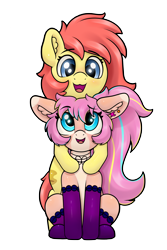 Size: 4000x6000 | Tagged: safe, artist:yelowcrom, imported from derpibooru, oc, oc only, oc:bijou butterfly, oc:brushie, earth pony, pony, derpibooru community collaboration, 2021 community collab, :3, blushing, clothes, cute, duo, ear piercing, female, looking at each other, mare, owo, pale belly, piercing, simple background, sitting, socks, transparent background