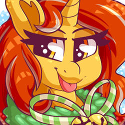 Size: 2000x2000 | Tagged: safe, artist:graphene, imported from derpibooru, oc, oc only, oc:cinderheart, pony, unicorn, :p, bells, bow, bust, cute, eyelashes, female, holiday, looking at you, mare, portrait, profile picture, snow, solo, tongue out, wreath