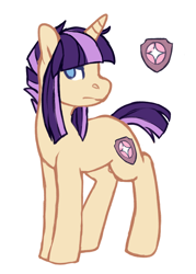 Size: 1024x1429 | Tagged: safe, artist:pomrawr, imported from derpibooru, oc, oc only, unnamed oc, pony, unicorn, cutie mark, female, mare, no pupils, offspring, parent:flash sentry, parent:twilight sparkle, parents:flashlight, simple background, solo, white background
