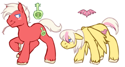Size: 1280x687 | Tagged: safe, artist:pomrawr, imported from derpibooru, oc, oc only, oc:angel speed, oc:sooth's song, earth pony, pegasus, pony, brothers, duo, floppy ears, freckles, male, no pupils, offspring, parent:big macintosh, parent:fluttershy, parents:fluttermac, raised hoof, siblings, simple background, straw in mouth, unshorn fetlocks, wavy mouth, white background