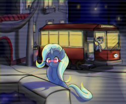 Size: 1858x1531 | Tagged: safe, artist:mistleinn, imported from derpibooru, derpy hooves, trixie, pegasus, pony, unicorn, glowing, glowing eyes, tram