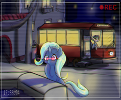 Size: 1858x1531 | Tagged: safe, alternate version, artist:mistleinn, imported from derpibooru, derpy hooves, trixie, pegasus, pony, unicorn, camera shot, clothes, female, glowing, glowing eyes, mare, tram