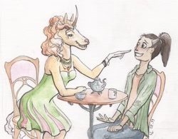 Size: 1281x1000 | Tagged: safe, artist:lady-limule, imported from derpibooru, oc, oc only, anthro, human, unicorn, clothes, cup, duo, female, horn, sitting, skirt, teacup, teapot, traditional art, unicorn oc