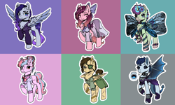 Size: 2500x1500 | Tagged: safe, artist:caveburrito, imported from derpibooru, oc, oc only, bat pony, pegasus, pony, unicorn, bat pony oc, bat wings, bow, butterfly wings, clothes, eye scar, eyepatch, eyes closed, fangs, hair bow, horn, open mouth, pegasus oc, raised hoof, scar, smiling, tail wrap, unicorn oc, wings