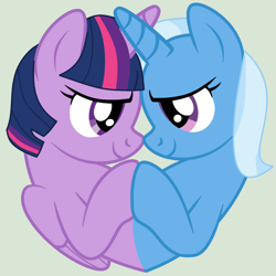 Size: 1508x1510 | Tagged: safe, artist:jadeharmony, artist:jadethepegasus, imported from derpibooru, trixie, twilight sparkle, alicorn, female, lesbian, looking at each other, shipping, twilight sparkle (alicorn), twixie