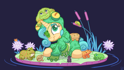 Size: 6000x3375 | Tagged: safe, artist:pirill, imported from derpibooru, oc, oc only, oc:fidget, frog, pony, unicorn, absurd resolution, animal, blue background, budgett's frog, cattails, clothes, colored pupils, costume, digital art, eyebrows, eyepatch, female, flower, grass, hair, hoodie, horn, kigurumi, lily (flower), lilypad, looking up, mane, mare, onesie, outfit, pastel, reed, reeds, ripples, signature, simple background, sitting, smiling, solo, tail, three quarter view, vector, water