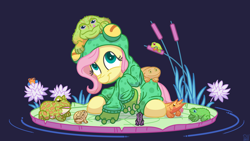 Size: 6000x3375 | Tagged: safe, alternate version, artist:pirill, imported from derpibooru, fluttershy, frog, pegasus, pony, absurd resolution, animal, blue background, budgett's frog, cattails, clothes, colored pupils, costume, cute, digital art, eyebrows, eyepatch, female, flower, grass, hair, hidden wings, hoodie, horn, kigurumi, lily (flower), lilypad, looking up, mane, mare, onesie, outfit, pastel, reed, reeds, ripples, shyabetes, signature, simple background, sitting, smiling, solo, tail, three quarter view, vector, water