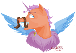 Size: 1873x1309 | Tagged: safe, artist:caveburrito, imported from derpibooru, oc, oc only, alicorn, pony, alicorn oc, bust, facial hair, grin, horn, moustache, simple background, smiling, solo, spread wings, white background, wings