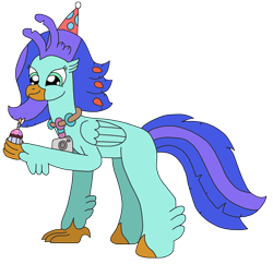 Size: 2470x2388 | Tagged: safe, artist:supahdonarudo, imported from derpibooru, oc, oc only, oc:sea lilly, classical hippogriff, hippogriff, birthday, camera, candle, cupcake, food, happy, hat, holding, jewelry, necklace, party hat, simple background, transparent background