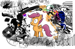 Size: 1039x678 | Tagged: safe, artist:lazymort, imported from derpibooru, scootaloo, pegasus, pony, abstract, abstract background, confused, female, filly, photoshop, scrunchy face