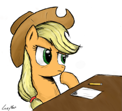 Size: 651x591 | Tagged: safe, artist:lazymort, imported from derpibooru, applejack, earth pony, pony, paper, simple background, solo, table, thinking, white background