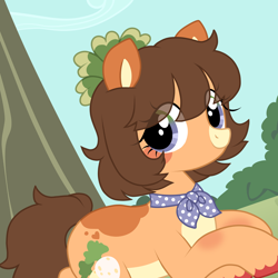 Size: 2200x2200 | Tagged: safe, artist:angelbeat-drift, imported from derpibooru, oc, oc only, oc:maisy, earth pony, pony, ascot, colored pinnae, eye clipping through hair, female, fetlock tuft, grass, leaf, looking at you, mare, markings, pale belly, smiling, smiling at you, solo, tree, vector