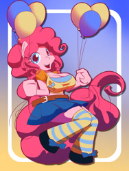 Size: 900x1200 | Tagged: safe, artist:kojiro-brushard, artist:thatamystalker, imported from derpibooru, pinkie pie, anthro, earth pony, balloon, belt, big breasts, breasts, busty pinkie pie, cleavage, clothes, cute, female, happy, skirt, socks, solo, striped socks