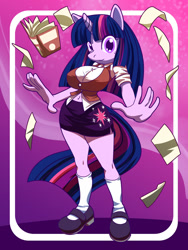 Size: 900x1200 | Tagged: safe, artist:kojiro-brushard, artist:thatamystalker, imported from derpibooru, twilight sparkle, anthro, belly button, book, breasts, busty twilight sparkle, clothes, female, mary janes, miniskirt, shoes, side slit, skirt, socks, solo, thighs, tube skirt