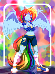 Size: 900x1200 | Tagged: safe, artist:kojiro-brushard, artist:thatamystalker, imported from derpibooru, rainbow dash, anthro, plantigrade anthro, belly button, breasts, cleavage, clothes, compression shorts, converse, female, looking at you, midriff, shoes, solo, top, winged shoes