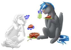 Size: 1280x908 | Tagged: safe, artist:imreer, imported from derpibooru, oc, oc only, oc:cloud zapper, alicorn, pegasus, alicorn oc, cake, duo, eyes closed, food, fork, glowing horn, horn, magic, napkin, pegasus oc, plate, simple background, sitting, smiling, telekinesis, white background, wings