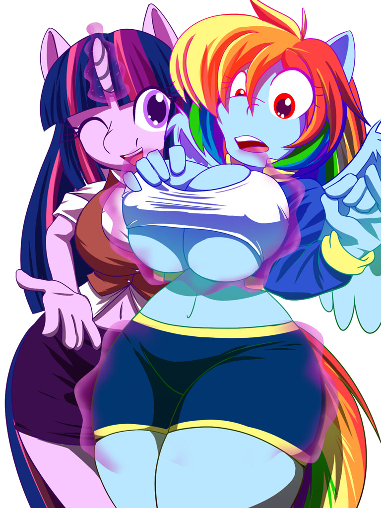 2501546 - suggestive, twilight sparkle, rainbow dash, female, mare, simple  background, pegasus, breasts, anthro, white background, big breasts, belly  button, magic, duo, huge breasts, cleavage, one eye closed, wink, wide  hips, grope,