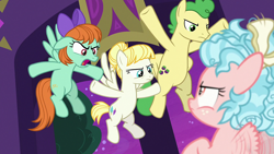 Size: 1920x1080 | Tagged: safe, imported from derpibooru, screencap, cozy glow, huckleberry, peppermint goldylinks, summer breeze, pegasus, pony, school raze, angry, bow, female, filly, friendship student, hair bow, male, mare, stallion