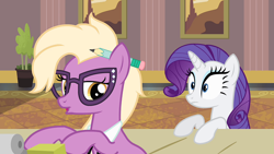 Size: 1920x1080 | Tagged: safe, imported from derpibooru, screencap, grace manewitz, rarity, earth pony, pony, unicorn, rarity takes manehattan, female, glasses, mare, pencil, secretary, typewriter, wide eyes