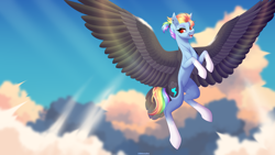 Size: 5750x3240 | Tagged: safe, artist:ohhoneybee, imported from derpibooru, rainbow dash, pegasus, pony, alternate design, colored wings, female, flying, large wings, mare, solo, wings