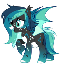 Size: 2308x2423 | Tagged: safe, artist:lazuli, artist:mint-light, imported from derpibooru, oc, oc only, bat pony, pony, bat pony oc, bat wings, colored hooves, ethereal mane, eyelashes, open mouth, raised hoof, signature, simple background, smiling, solo, starry mane, transparent background, wings
