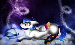 Size: 1080x660 | Tagged: safe, artist:rxndxm.artist, imported from derpibooru, oc, oc only, pegasus, pony, colored hooves, pegasus oc, pony bigger than a planet, solo, space, starry eyes, stars, wingding eyes, wings