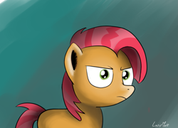 Size: 1027x738 | Tagged: safe, artist:lazymort, imported from derpibooru, babs seed, pony, angry, simple background, solo