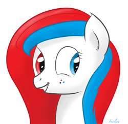 Size: 1262x1222 | Tagged: safe, artist:lazymort, imported from derpibooru, oc, oc only, oc:shutter shock, pony, bust, heterochromia, simple background, smiling, solo, white background