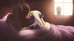 Size: 1920x1080 | Tagged: safe, artist:chebypattern, imported from derpibooru, oc, oc only, oc:chebypattern, oc:fury si, alicorn, alicorn oc, bed, bedroom, blanket, chimney, crepuscular rays, horn, in bed, light, messy mane, open mouth, plant pot, simple background, sleeping, sleeping on top of someone, smiling, sun ray, window, wings