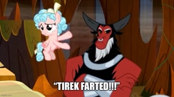 Size: 889x499 | Tagged: safe, edit, edited screencap, imported from derpibooru, screencap, cozy glow, lord tirek, centaur, pegasus, pony, the beginning of the end, caption, duo, episode needed, fart, female, filly, image macro, implied farting, male, text