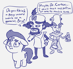 Size: 1106x1043 | Tagged: safe, artist:heretichesh, imported from derpibooru, oc, oc:f.illy, earth pony, human, pony, clothes, crash bandicoot, crash bandicoot (series), crossover, cum jar, dialogue, doctor neo cortex, dr. neo cortex, dr. nitrus brio, erlenmeyer flask, female, filly, gloves, mad scientist, monochrome, n brio, potion, rubber gloves, scared, sketch, text, vial