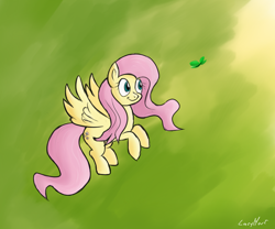 Size: 874x728 | Tagged: safe, artist:lazymort, imported from derpibooru, fluttershy, butterfly, pony, simple background, solo