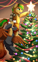 Size: 2559x4150 | Tagged: safe, artist:pridark, imported from derpibooru, imported from ponybooru, oc, oc only, oc:baysick, oc:spirikon, earth pony, pegasus, pony, absurd resolution, christmas, christmas tree, clothes, commission, duo, earth pony oc, eyebrows, eyebrows visible through hair, flying, high res, holiday, open mouth, open smile, pegasus oc, scarf, smiling, spread wings, tree, wings