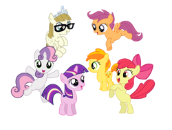 Size: 600x450 | Tagged: safe, artist:kingharald, artist:kooner-cz, artist:kyss90, artist:natalistudios, artist:sketchmcreations, artist:thatguy1945, artist:vitalspark, apple bloom, peachy pie, princess cadance, scootaloo, sweetie belle, zippoorwhill, earth pony, pegasus, pony, unicorn, bipedal, female, filly, filly cadance, flying, foal, glasses, grin, jewelry, mini six, rearing, smiling, tiara, younger