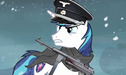Size: 780x468 | Tagged: safe, imported from derpibooru, shining armor, the crystal empire, clothes, gun, mp40, nazi, scarf, schutzstaffel, snow, weapon
