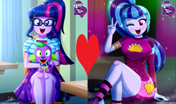 Size: 3000x1773 | Tagged: safe, artist:the-butch-x, edit, imported from derpibooru, sci-twi, sonata dusk, spike, twilight sparkle, dog, equestria girls, clothes, female, heart, lesbian, sci-twinata, shipping, shipping domino, socks, spike the dog, striped socks, twinata