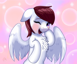 Size: 3600x3000 | Tagged: safe, artist:firehearttheinferno, imported from derpibooru, oc, oc:aviatrix, oc:avie, pegasus, pony, fallout equestria, abstract background, anime, anime sparkles, background, bashful, blushing, bubble, chest fluff, commission, cute, fallout, fallout equestria: burdens, female, floppy ears, happy, hooves, looking at you, mare, maroon mane, one eye closed, pink, purple, purple eyes, romance, shine, shy, smiling, solo, sparkle, sparkles, watermark, white coat, wings, wink, winking at you