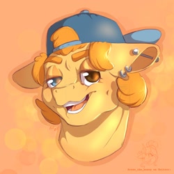 Size: 2048x2048 | Tagged: safe, artist:roseandcompany, imported from derpibooru, oc, oc:trucker, backwards hat, baseball cap, cap, dimples, eyelid, hat, neck muscles, piercing, short hair, sketch, smiling, smirk