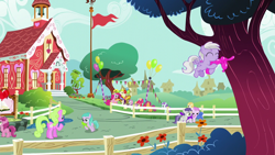 Size: 1280x720 | Tagged: safe, imported from derpibooru, screencap, apple bloom, applecore, aura (character), boysenberry, daisy, flower wishes, liza doolots, noi, peach fuzz, petunia, pinkie pie, piña colada, ruby pinch, scootaloo, sweet pop, sweetie belle, tootsie flute, tornado bolt, dog, earth pony, monkey, pegasus, snake, unicorn, the one where pinkie pie knows, balloon, balloon animal, chatting, cutie mark crusaders, eyes closed, female, filly, flag, flying, heart, holding, mare, mouth hold, ponyville schoolhouse, puppy, school, talking, tree, trio, triple berry, walking