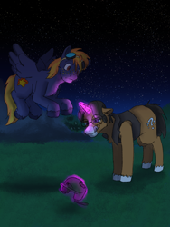 Size: 3000x4000 | Tagged: safe, artist:applejackofalltrades, imported from derpibooru, oc, oc:hot shot, pegasus, pony, unicorn, friendship, glow, glowing, glowing horn, helmet, horn, levitation, magic, night, simple background, telekinesis