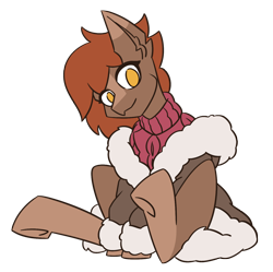 Size: 1386x1381 | Tagged: safe, artist:sneetymist, derpibooru exclusive, imported from derpibooru, oc, oc only, oc:soft coffee, earth pony, pony, derpibooru community collaboration, 2021 community collab, blank flank, clothes, coat markings, female, fluffy, fur coat, jacket, mare, no tail, parka, simple background, sitting, socks (coat marking), socks (coat markings), solo, sweater, transparent background, winter clothes, winter coat, winter outfit