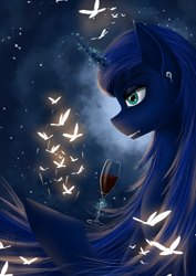 Size: 2480x3507 | Tagged: safe, artist:dezdark, imported from derpibooru, princess luna, butterfly, pony, alcohol, ear piercing, fangs, glass, magic, piercing, profile, solo, telekinesis, wine, wine glass