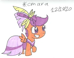 Size: 992x772 | Tagged: safe, artist:cmara, imported from derpibooru, scootaloo, pegasus, pony, clothes, cute, cutealoo, dress, female, filly, gala dress, grin, raised hoof, simple background, smiling, solo, traditional art, white background