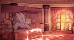 Size: 1126x607 | Tagged: artist needed, safe, artist:josipbrozbeforehoes, imported from derpibooru, oc, oc:gabriela eagleclaw, griffon, equestria at war mod, bed, cello, crown, jewelry, looking at you, musical instrument, pillow, regalia, window