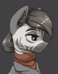 Size: 1500x1919 | Tagged: safe, artist:mrscroup, imported from derpibooru, oc, oc only, oc:arishat zeirutid, oc:zarishat zeirutid, pony, zebra, equestria at war mod, bust, clothes, depressed, ear fluff, ears, gray background, looking offscreen, mane, portrait, simple background, solo, stripes, zebra oc